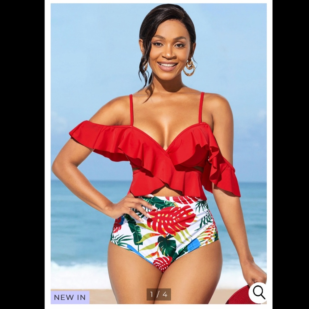 High Waisted 2piece swim suit. Red Floral - Picture 2 of 4